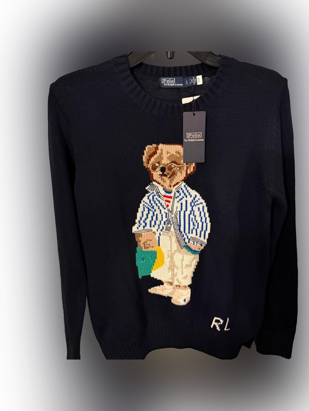 Polo Ralph Lauren Womens Preppy  Polo Bear Knit Sweater Navy Blue NWT Sz L